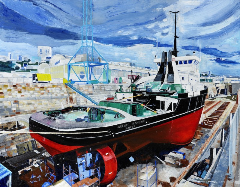 © Eric Berthou : Grand carénage de l'Abeille Flandres au port de Brest. Huile sur toile au couteau, format 80 Figure 146x114 cm