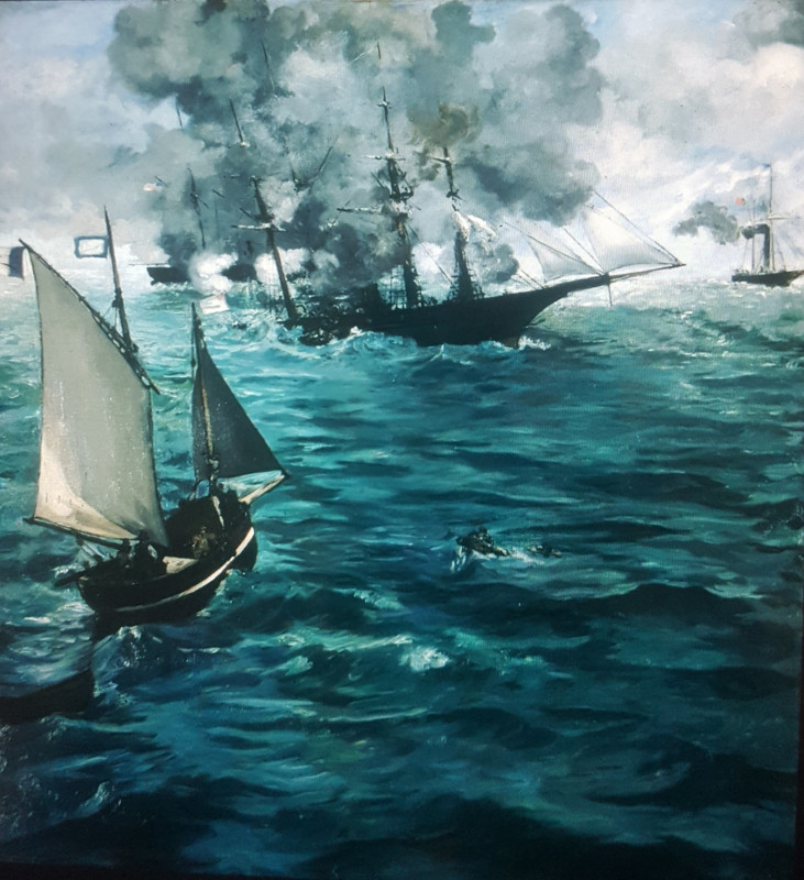 DR : huile sur toile -1865 d'Edouard Manet mettant en scène le combat naval entre les vapeurs Alabama (sudiste) et le Kearsarge (yankee) au large de Cherbourg. Ce tableau est visible au musée de Philadelphie.