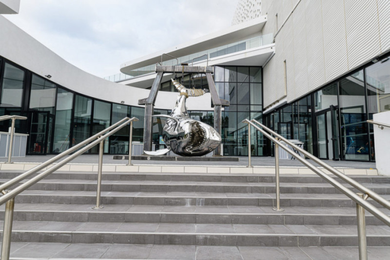 Photos Musée Mer Marine de Bordeaux - Parvis du musée avec une sculpture spectaculaire de Philippe Pasqua représentant un mégalodon. 