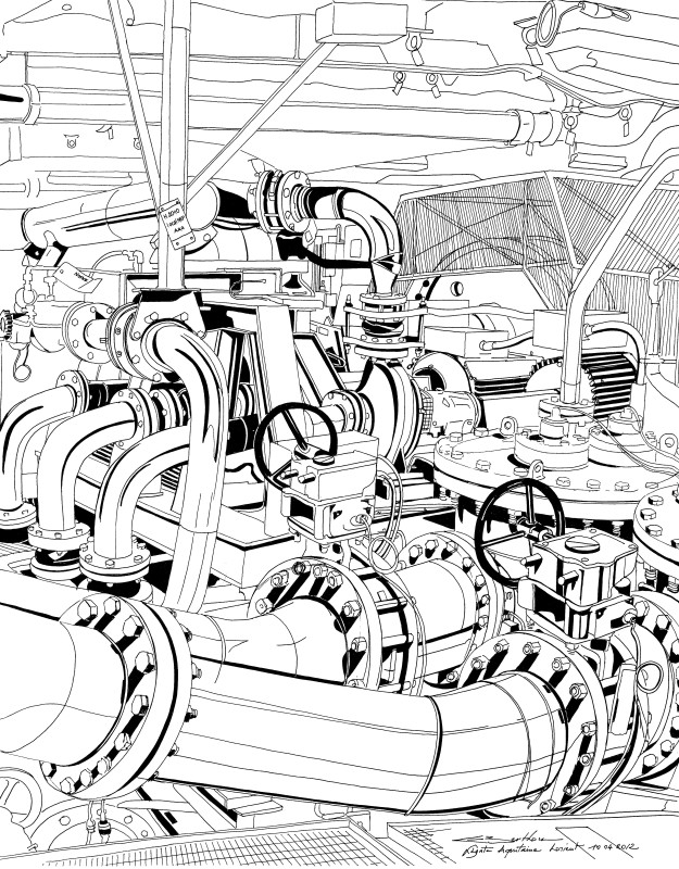 © Eric Berthou : Dessin sur le motif en trait direct sans repentir: Le peintre saisit ici la complexité d'un local particulier où les sciences de l'ingénieur rencontrent l'art du soudeur et  le talent du chaudronnier.