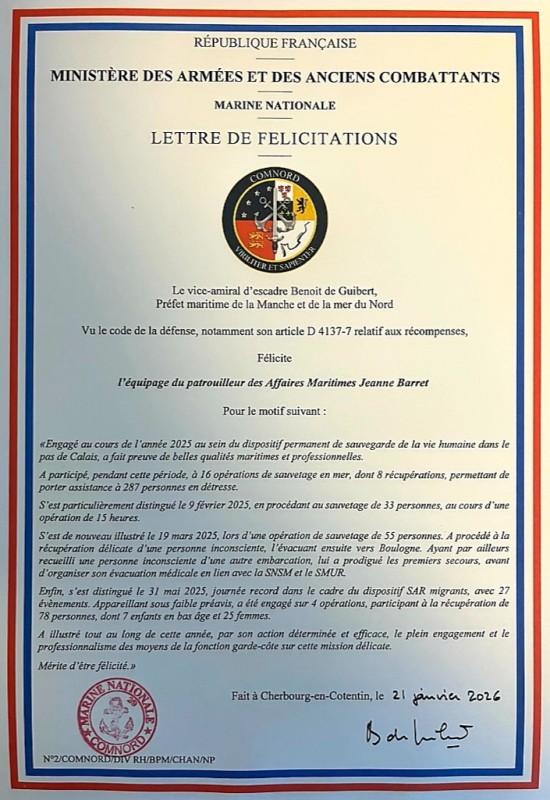 © Cdt Stéphane Devey PM43 : Lettre de félicitation officielle du VAE Benoît de Guibert, Préfet de la Manche et de la mer du Nord.
