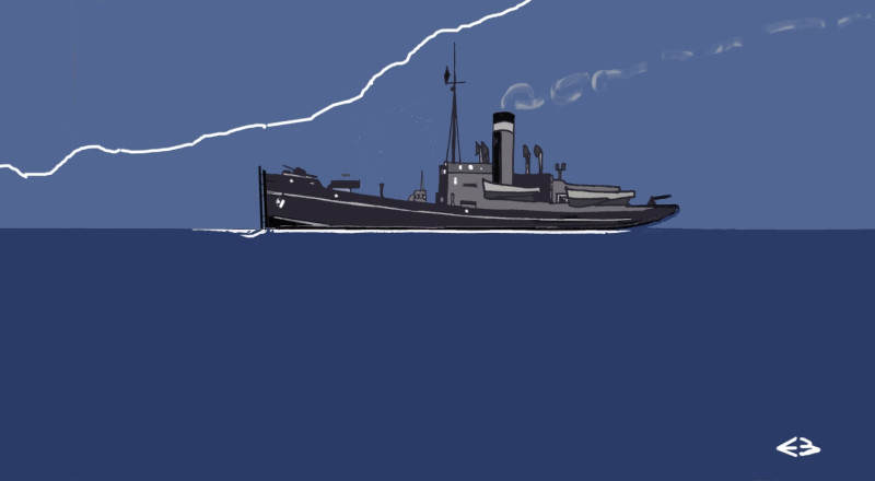 © Illustration Eric Berthou : L'aviso auxiliaire Nord Caper met le cap au sud vers le détroit de Gibraltar pour rejoindre son affectation en mer Egée.