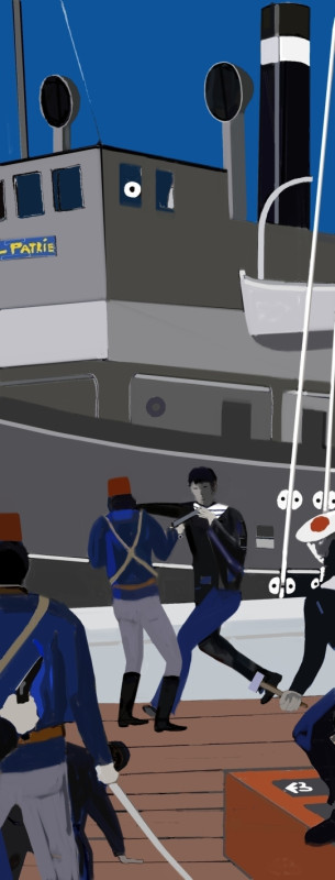 © Illustration Eric Berthou : Le 7 novembre 1915, au petit matin, l'équipage du Nord Caper passe à l'abordage d'une goélette turque...