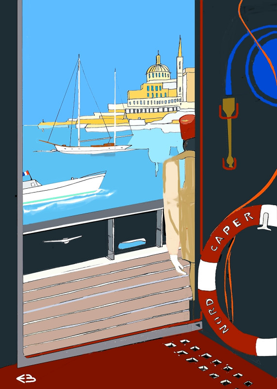 © Illustration Eric Berthou : 12 novembre 1915, arrivée au port de la Valette du Nord Caper avec ses 43 prisonniers turcs en rang sur le pont après l'abordage de leur goélette...