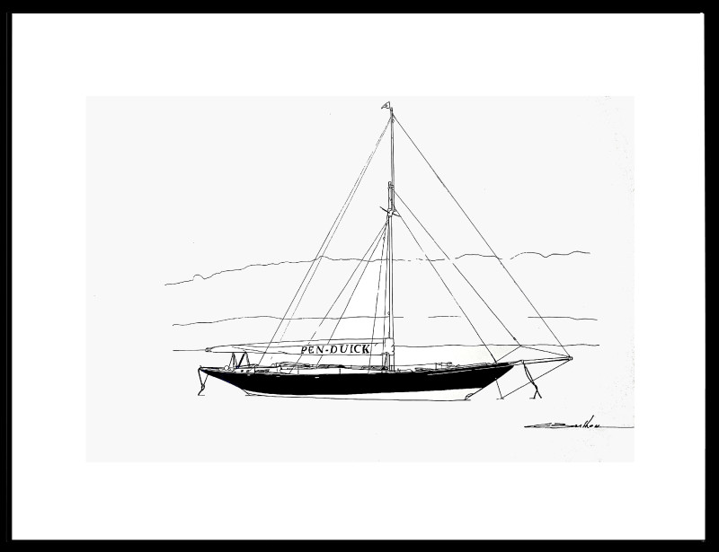 © Eric Berthou, peintre et écrivain de la mer. Pen Duick de profil au mouillage sur l'Odet.