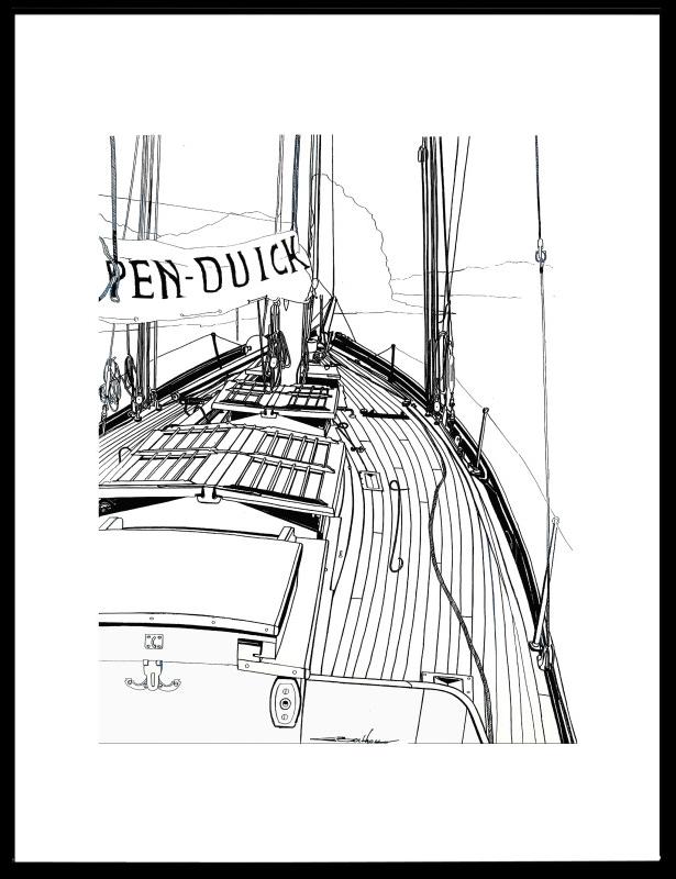 © Eric Berthou, peintre et écrivain de la mer.  Perspective arrière-avant à l'encre sur papier, réalisée sur le motif selon la technique du trait direct sans repentir à bord de Pen Duick au mouillage sur l'Odet.
